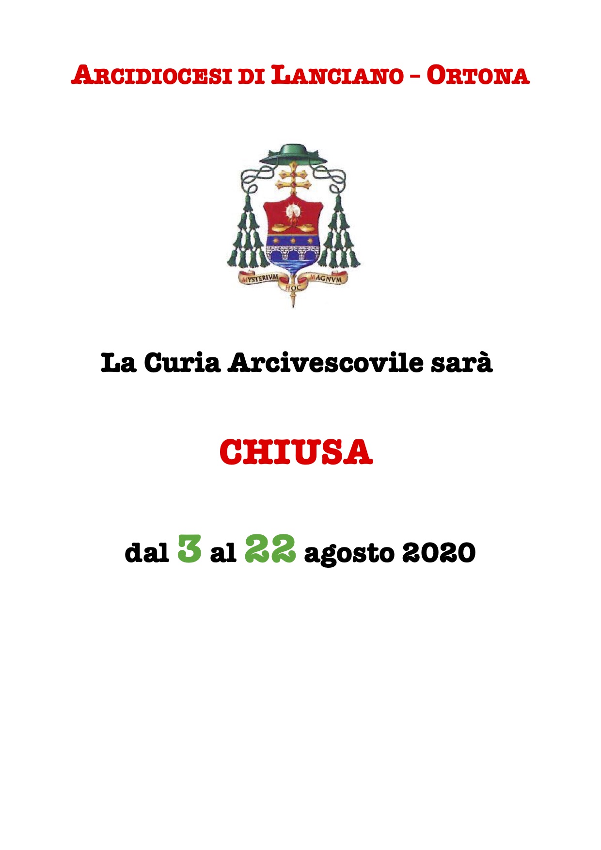 Avviso di Chiusura estiva Curia