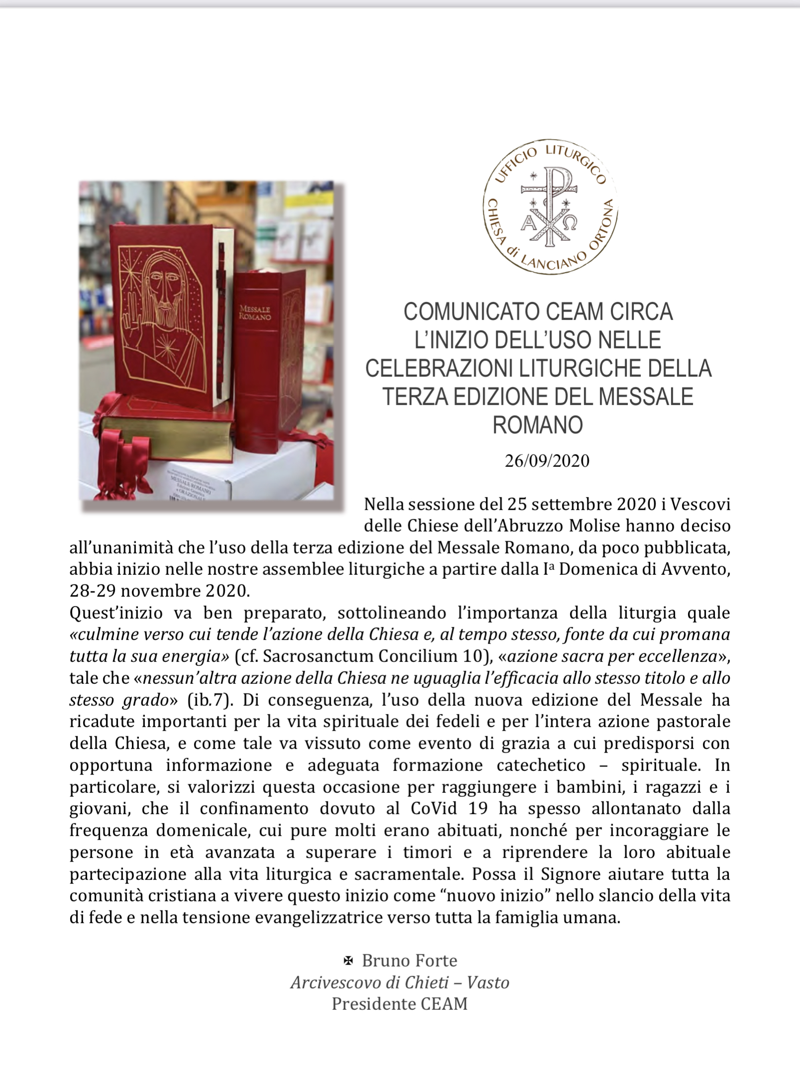 comunicato CEAM per il nuovo Messale Romano